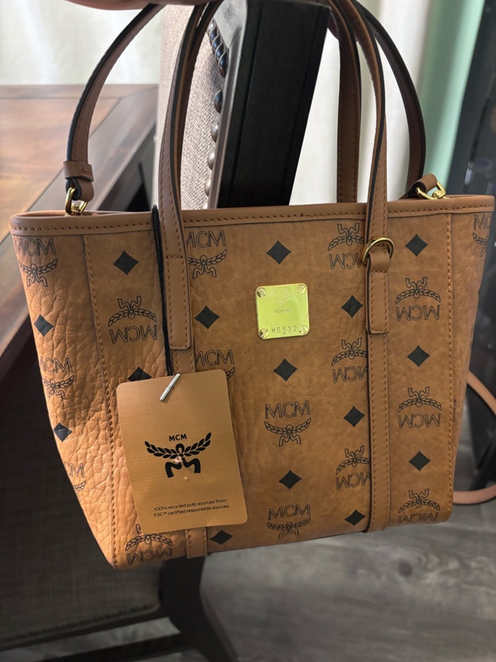 MCM Cognac Visetos Logo Tote in Brown with Black Motif